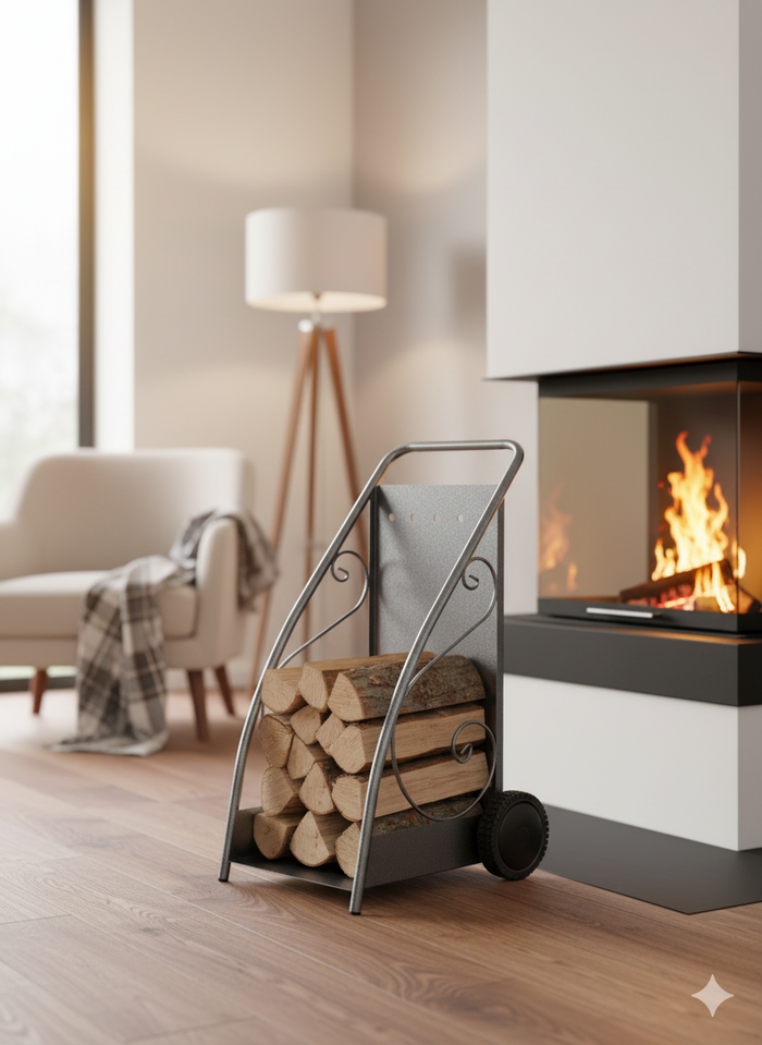 Porta Legna Design Classico con Ruote 47,7x50x90 cm in Ferro Verniciato Grigio Martellato