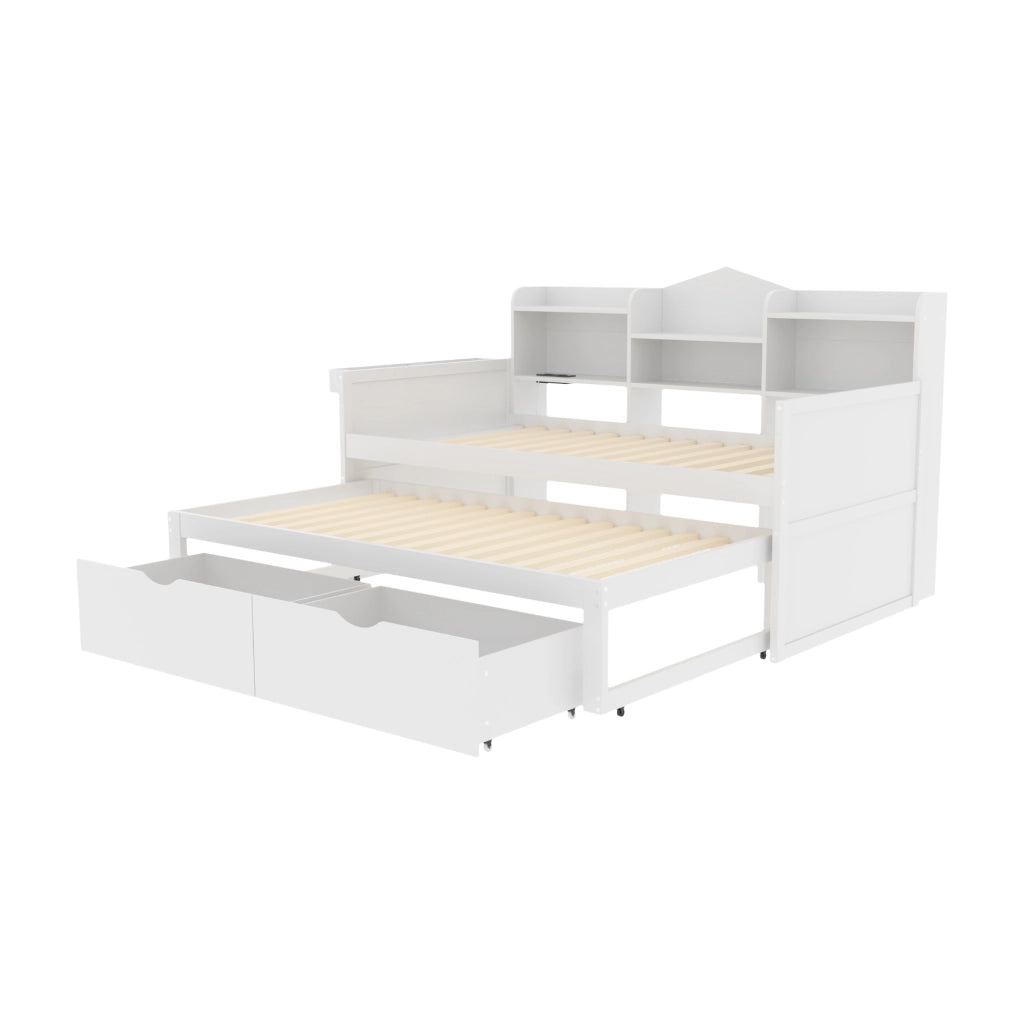 Letto estraibile singolo 90×200 cm con 2 cassetti; vano portaoggetti; USB; senza materasso; bianco