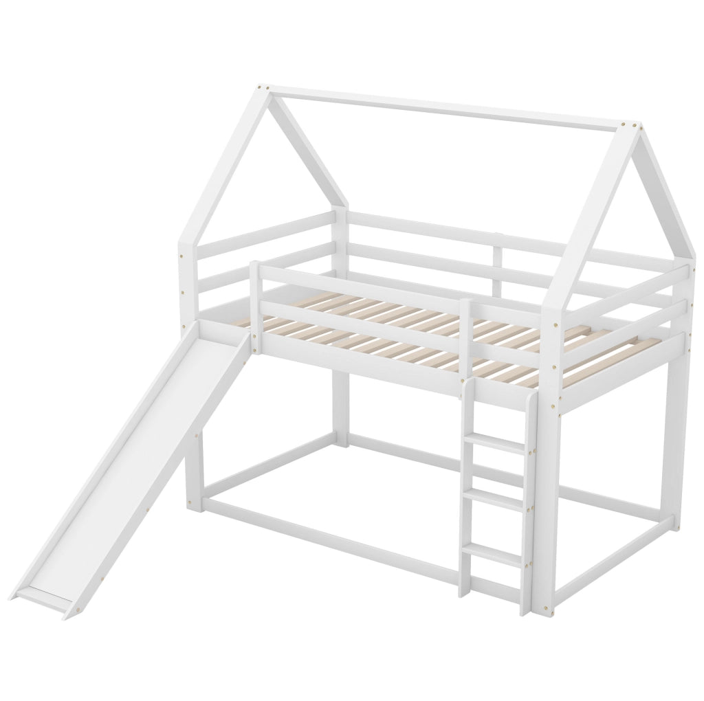 Letto a castello 90x200 cm a forma di casa con scivolo e scala in legno bianco