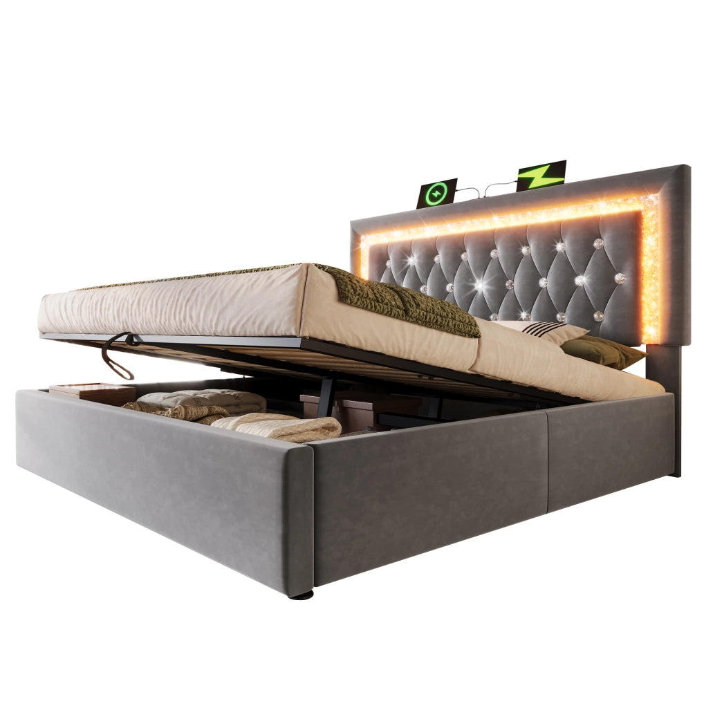 Letto imbottito 140x200 cm con LED, USB e contenitore idraulico