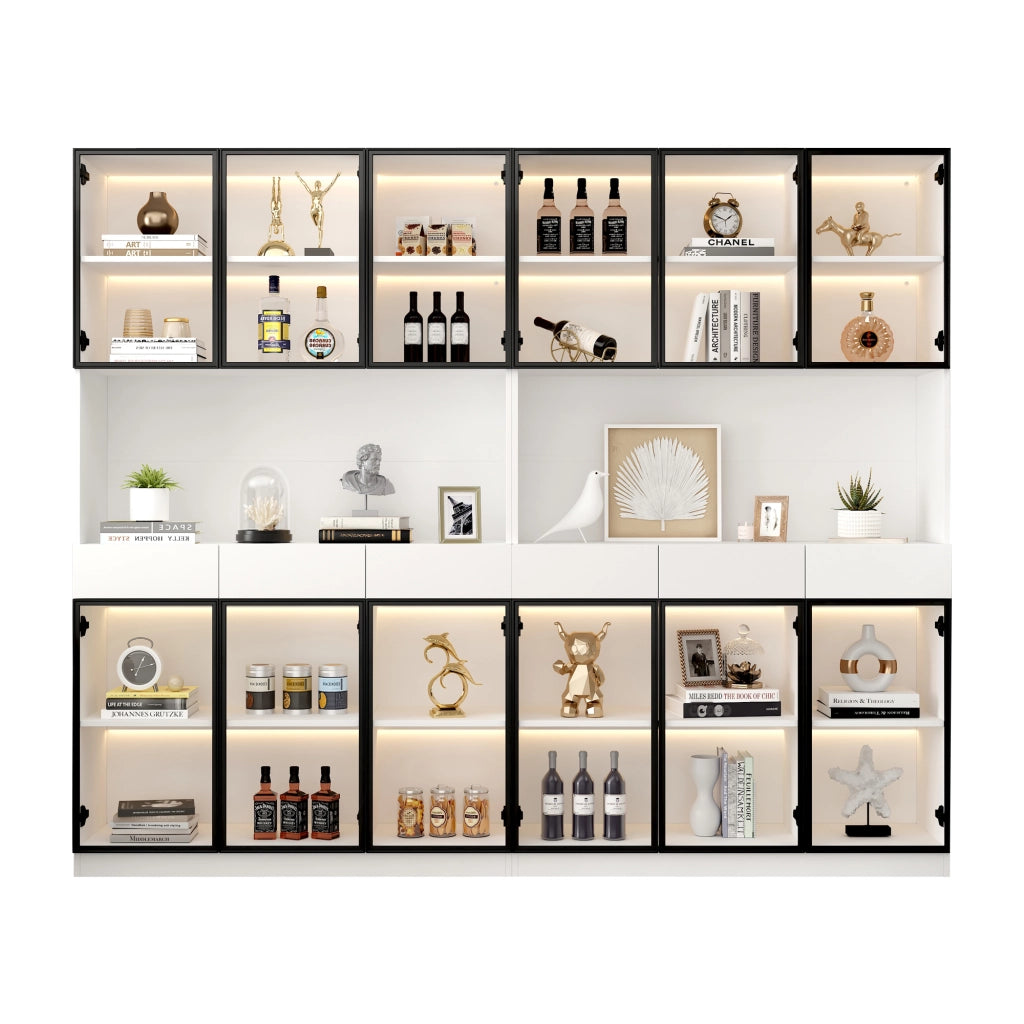 Vetrina con Ante in Vetro e Luci LED ¨C MINIMAL ¨C Bianco/Nero, Libreria Multipiano per Soggiorno Ufficio