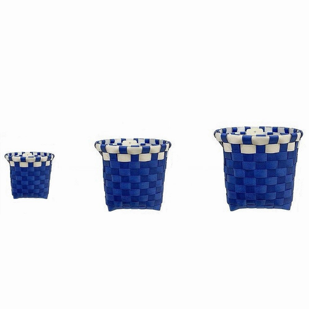 Trade Shop - Set 3 Pz Cestini Porta Oggetti Organizer Tessuto Bagno Rotondi Blu Bianco 59076 -