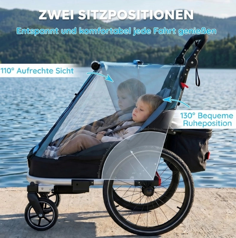 Rimorchio bici per bambini 2 posti 2 in 1 pieghevole blu