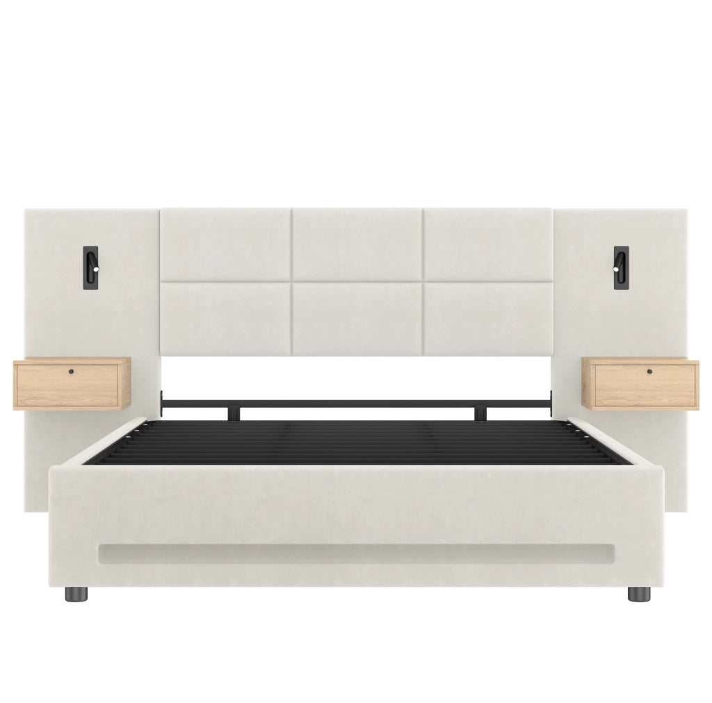 Letto imbottito 250x210x105 cm con testiera con contenitore; USB-C; LED; velluto beige