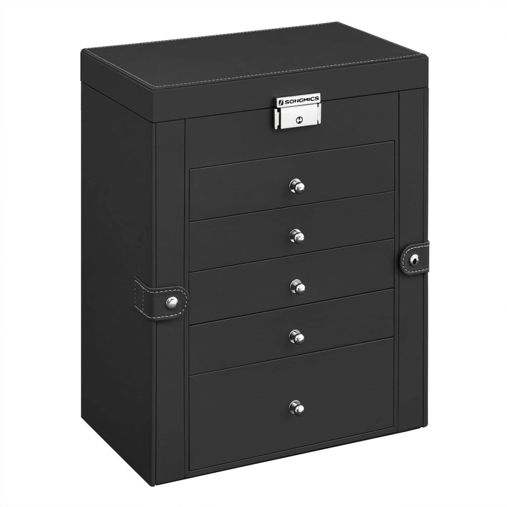 Cofanetto Portagioie Elegante in Ecopelle Nera con 5 Cassetti