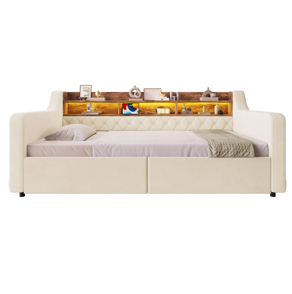 Letto imbottito 90x190 cm con 2 cassetti, LED e testiera in velluto beige