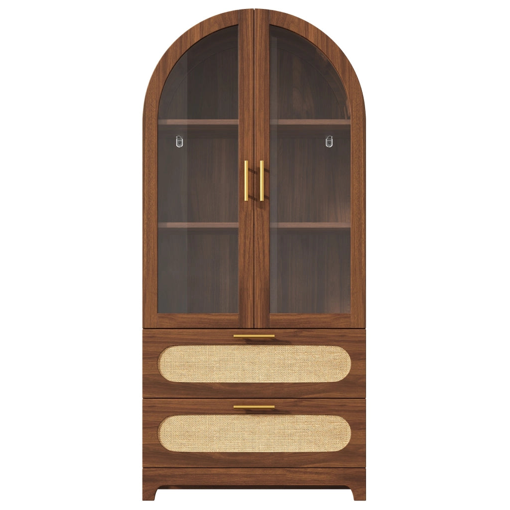 Vetrina, libreria, arco in vetro, 2 cassetti, ripiani regolabili, color noce