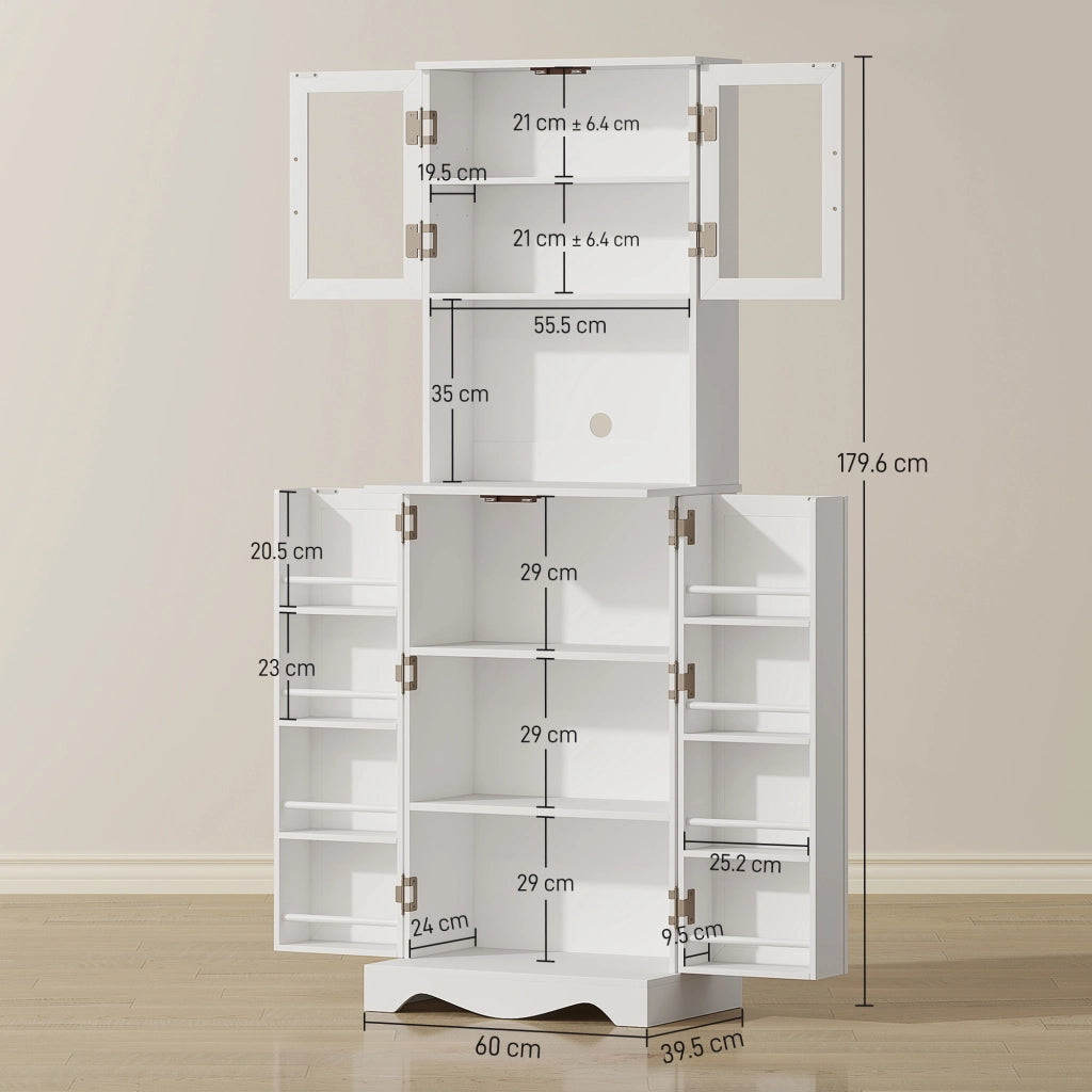 Mobile Dispensa Cucina 60x39,5x179,6 cm con 2 Armadietti e 8 Ripiani in Legno e Acrilico Bianco