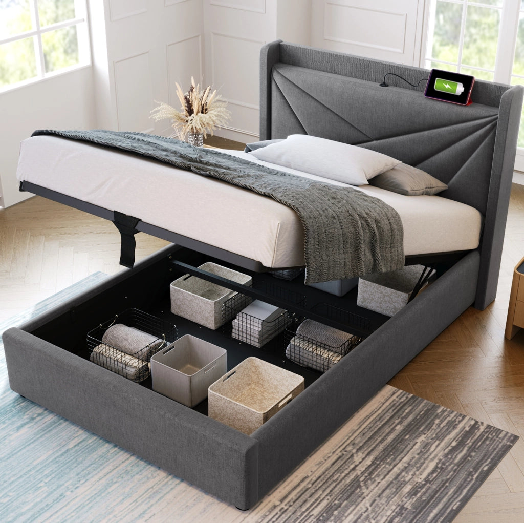 Letto singolo con contenitore 90x200 cm in cotone e lino grigio; con USB e USB-C