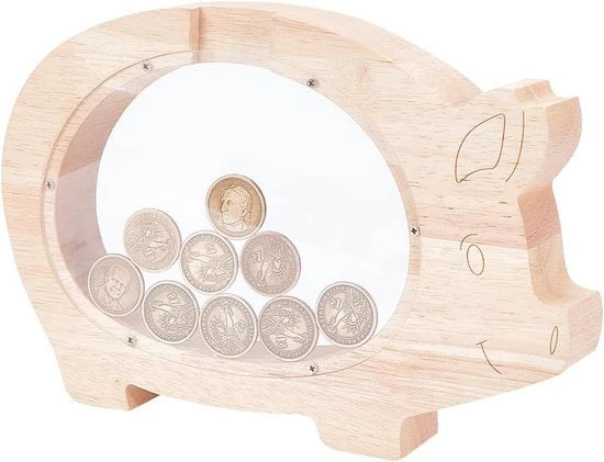 Pigcassa trasparente - Grande cassa di risparmio in legno indeformabile - Carro di maiale divertente per la moneta - Creativa cassa di risparmio - Cassa di risparmio trasparente riutilizzabile - Ideale regalo per Pasqua, compleanno, laurea