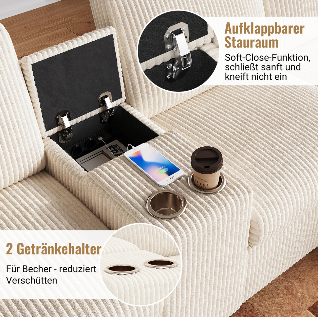 Divano a U in velluto a coste con 2 pouf contenitore; tavolino; USB; Type-C e prese; beige
