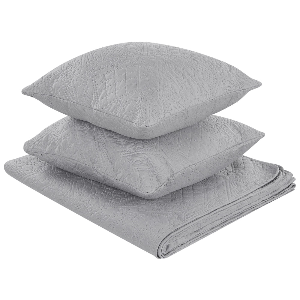 Copriletto in Tessuto di Poliestere Grigio 140 x 210 cm con Cuscini Motivo in Rilievo Decorativo Copriletto Lenzuola Classico Camera da Letto