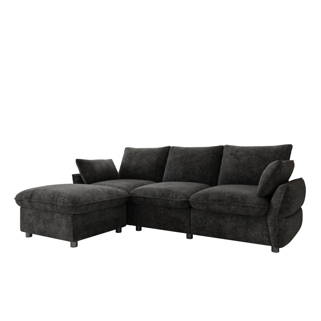 Divano angolare moderno in chenille con ottomana e 2 cuscini, 3 posti, grigio scuro, 222,5 ¡Á 154,5 ¡Á 76,5 cm