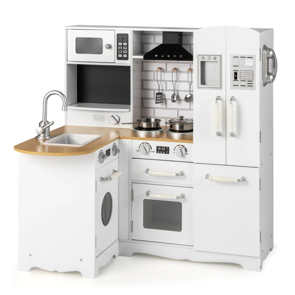 Cucina ad angolo per bambini con lavelli fornelli cappa telefono frigorifero, Cucina gioco educativo Bianco-Cucine giocattoli