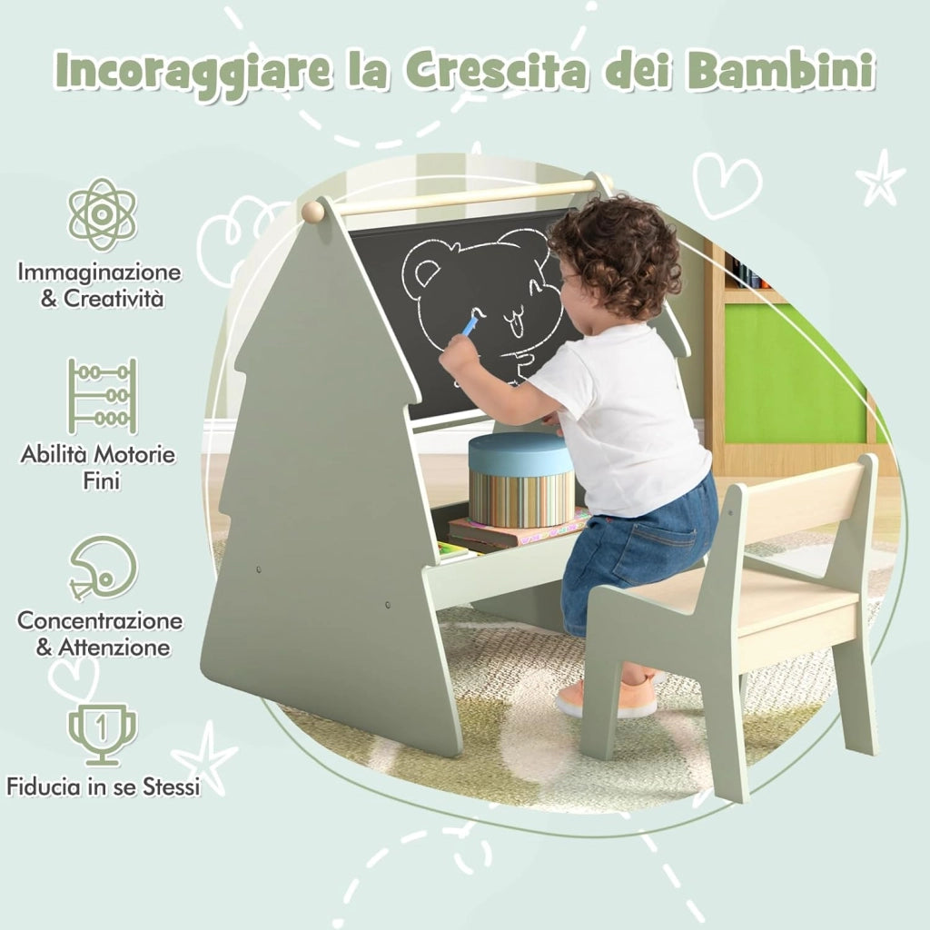 Cavalletto a Forma di Albero per Bambini con Sgabello, Set Tavolo e Sgabello con Cavalletto a 2 Lati e Scaffale per Riporre, Cavalletto da Disegno 68 x 60 x 80 cm, Verde e Naturale