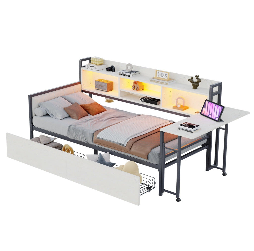 Letto 90x200 cm con scrivania estraibile; LED e cassetti