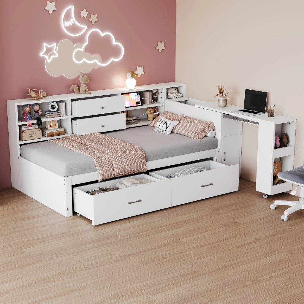 OKWISH Letto a Divano 90×200 cm, Letto Singolo con 2 Cassetti, USB, Presa e Scrivania Estraibile, senza Materasso, in Legno, Bianco