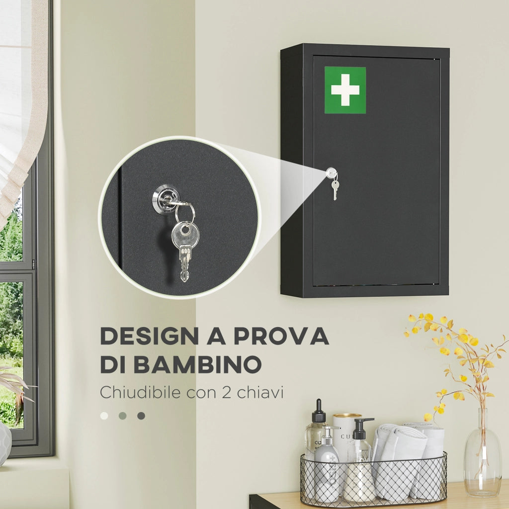 Armadietto Medicinali con 3 Ripiani e Chiave ¨C Zephmum ¨C 30x14x46cm, Nero