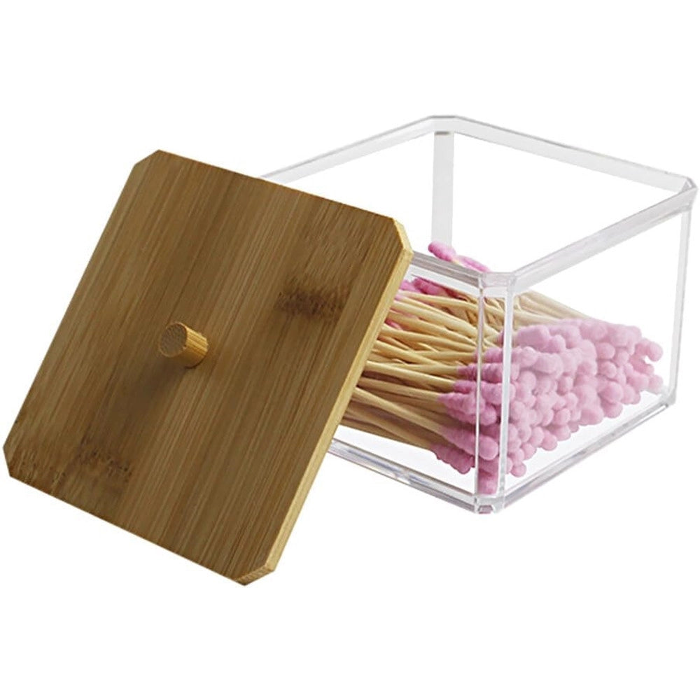 Trade Shop - Contenitore Organizer Cosmetici Toeletta Quadrato Trasparente Con Coperchio In Legno 10826 -