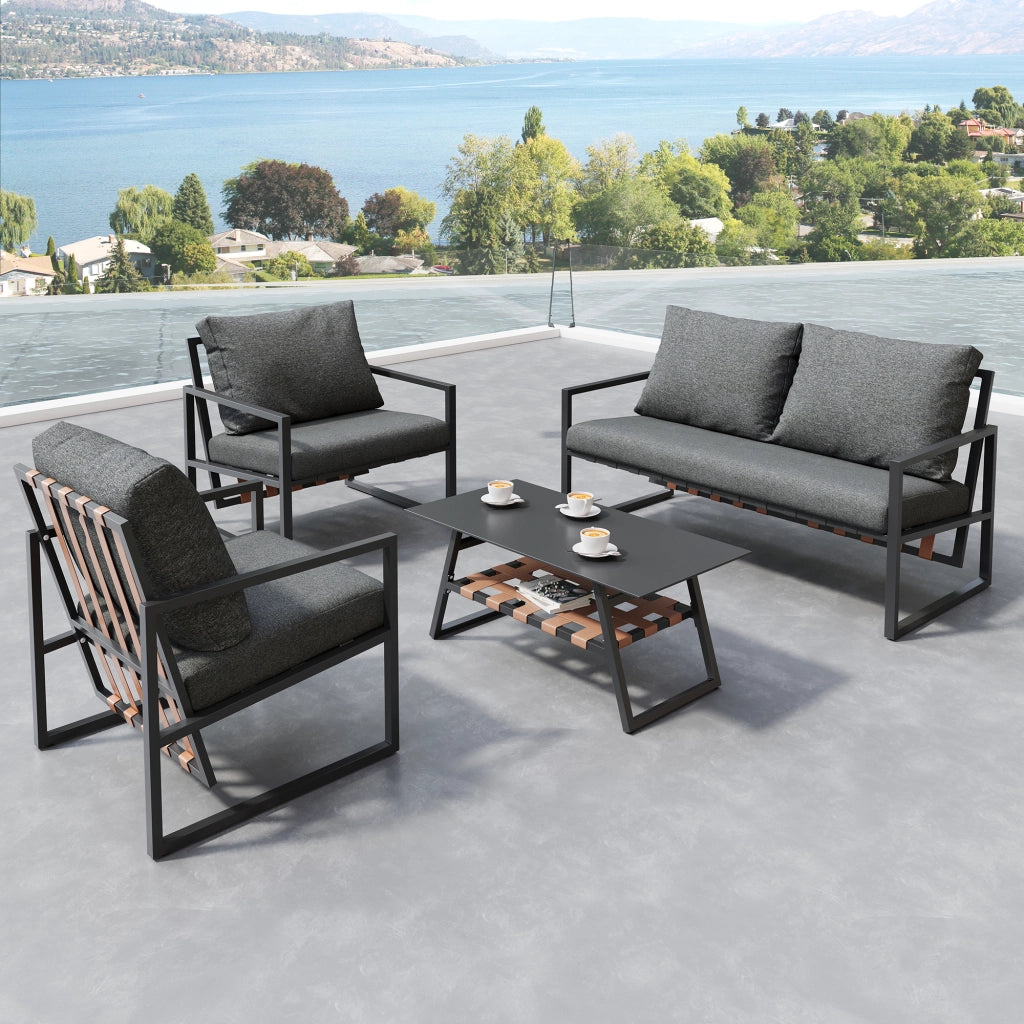 OKWISH Set da 4 mobili da giardino con divano, 2 poltrone, tavolino e cuscini, PVC e acciaio zincato Nero