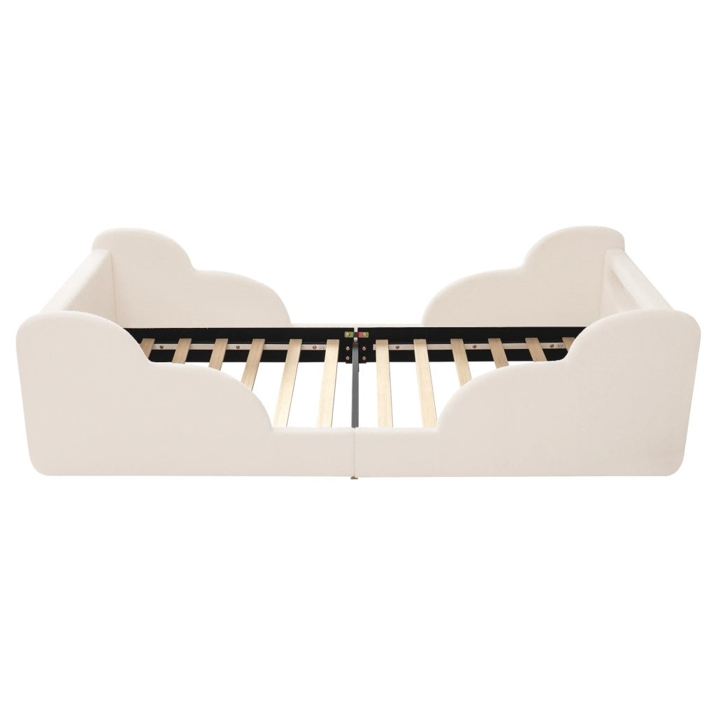 Letto per bambini 90x200 cm in bouclé beige con sponde imbottite, luce notturna, USB e rete inclusa