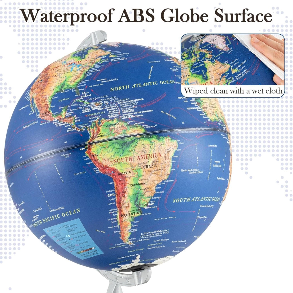 Globo illuminato da 30 cm, globo mondiale con mappa in rilievo, illuminazione a LED, display fuso orario, base in legno antiscivolo, globo geografico per studenti, educazione, decorazione