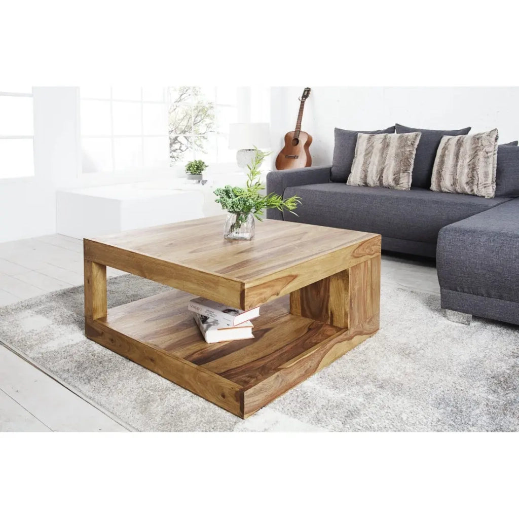 Tavolino basso GRADI 80 cm in legno massiccio di Sheesham - Tavolino basso quadrato con contenitore