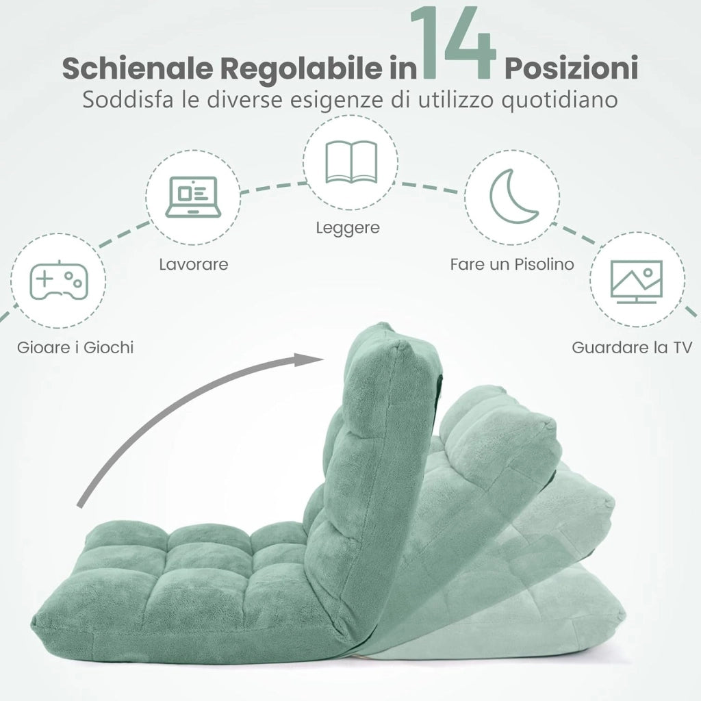 Sedia da Pavimento, Poltrona Imbottita Regolabile in 14 Posizioni 90°-180°, Cuscino da Terra Pighevole Imbottito, Sedia Reclinabile per Relax, Yoga, Lettura (Verde)