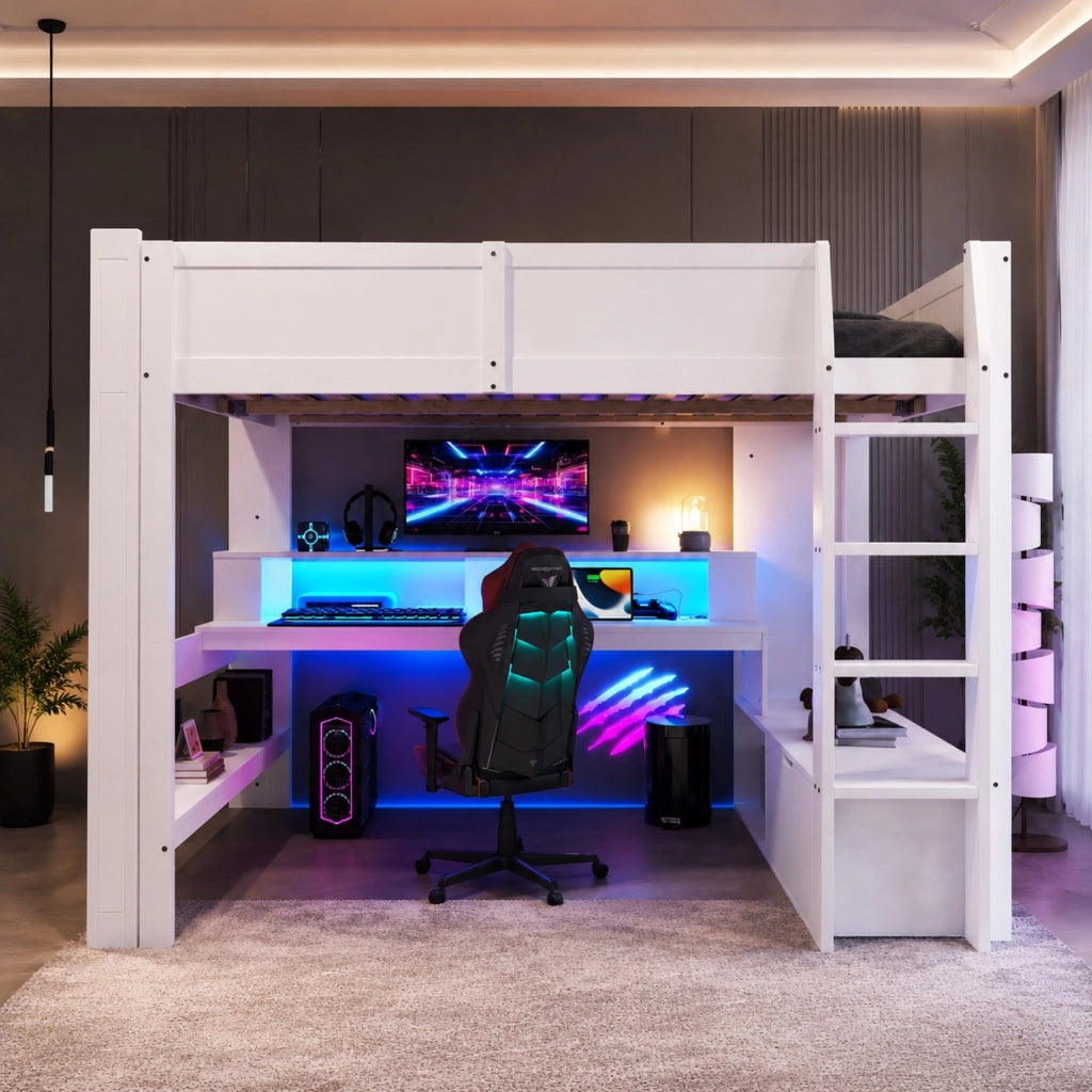 LETTO a soppalco 140x200 cm con scrivania e LED, legno di pino e MDF, bianco