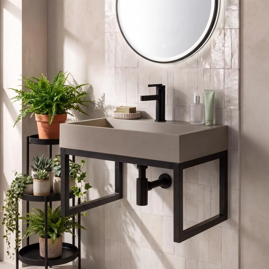 Lavabo In Conglomerato Rea Goya Taupe 50cm + Supporto