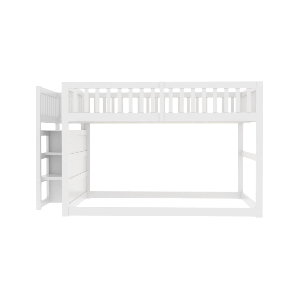Letto a castello basso bianco in legno con scomparti portaoggetti 140x200 cm