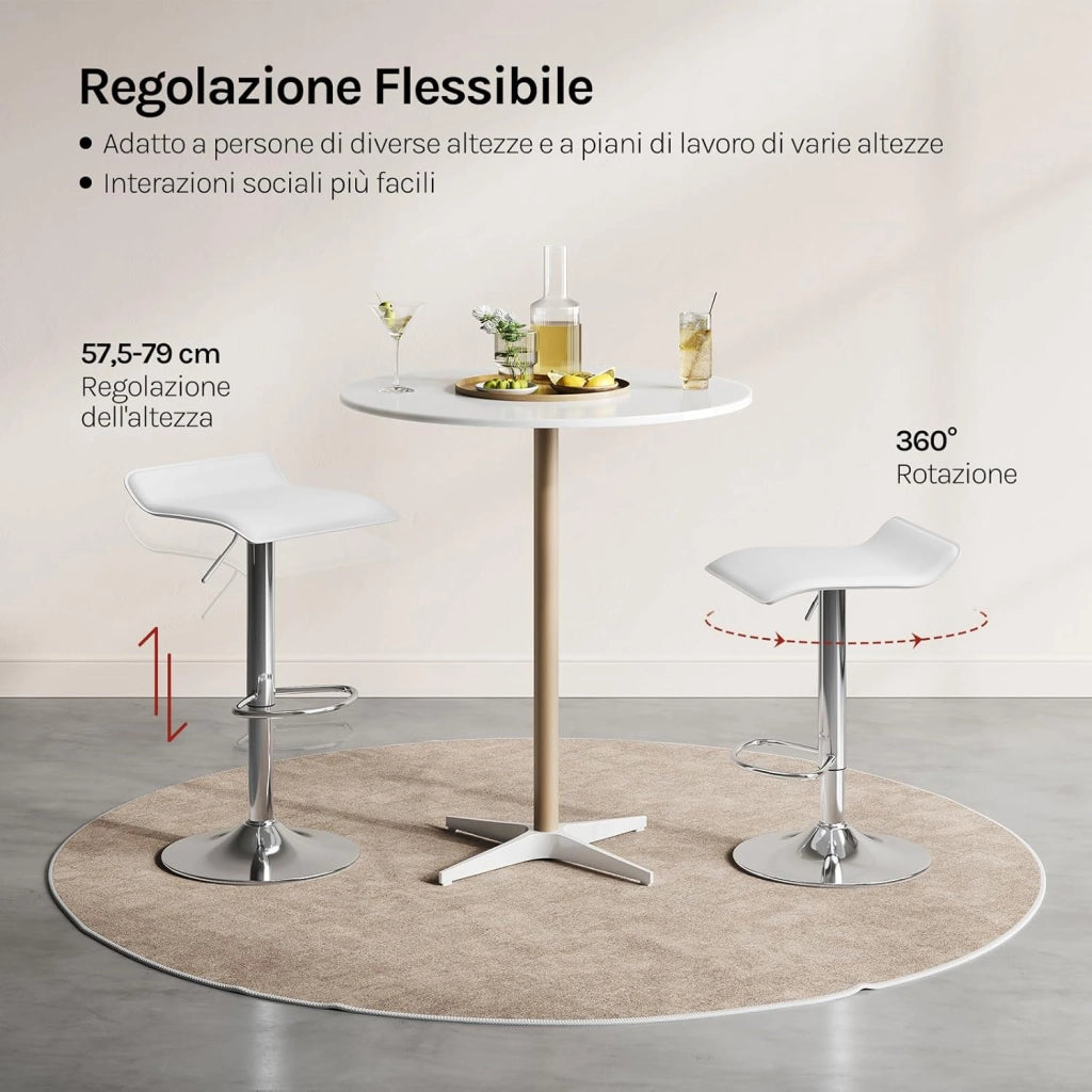 Sgabello da Cucina, Sgabello da Bar Colazione Regolabile in Altezza Girevole a 360°, per Bar, Cucina, Banco, Caffè, PVC+Metallo, con Poggiapiedi, Bianco+Argento