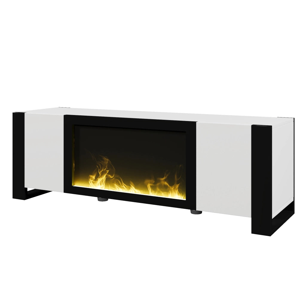 Mobile TV 165x55x32 cm; camino elettrico decorativo; pannello truciolare; bianco e nero