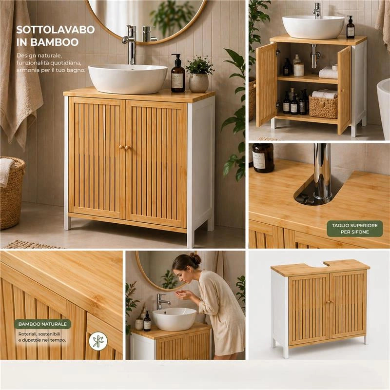 MOBILE SOTTOLAVABO IN LEGNO BIANCO CON 2 ANTE IN BAMBOO DIMENSIONI 60X30X70 CM