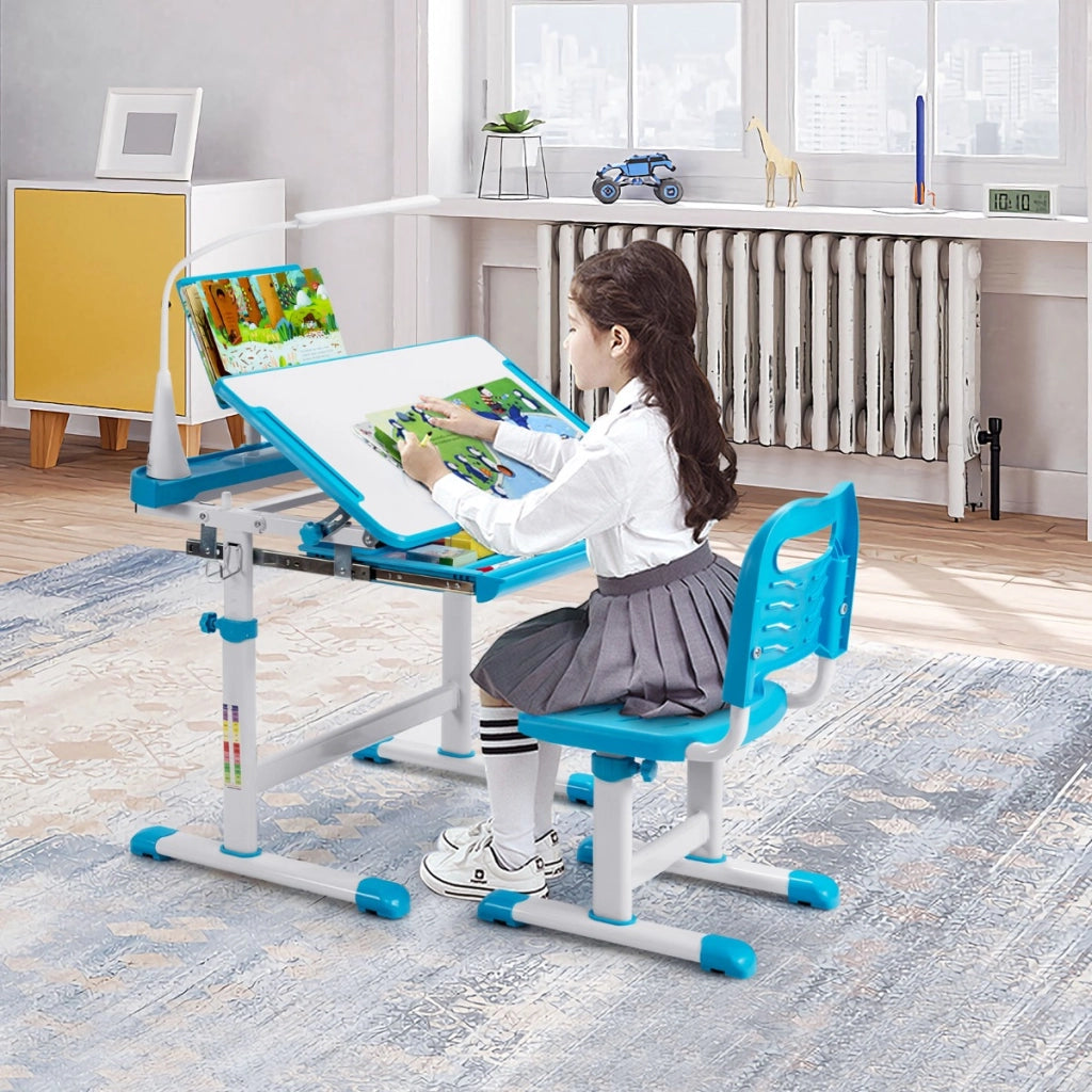 Set scrivania e sedia per bambini con altezza regolabile, Scrivania e sedia con leggio per libri e luce LED Blu