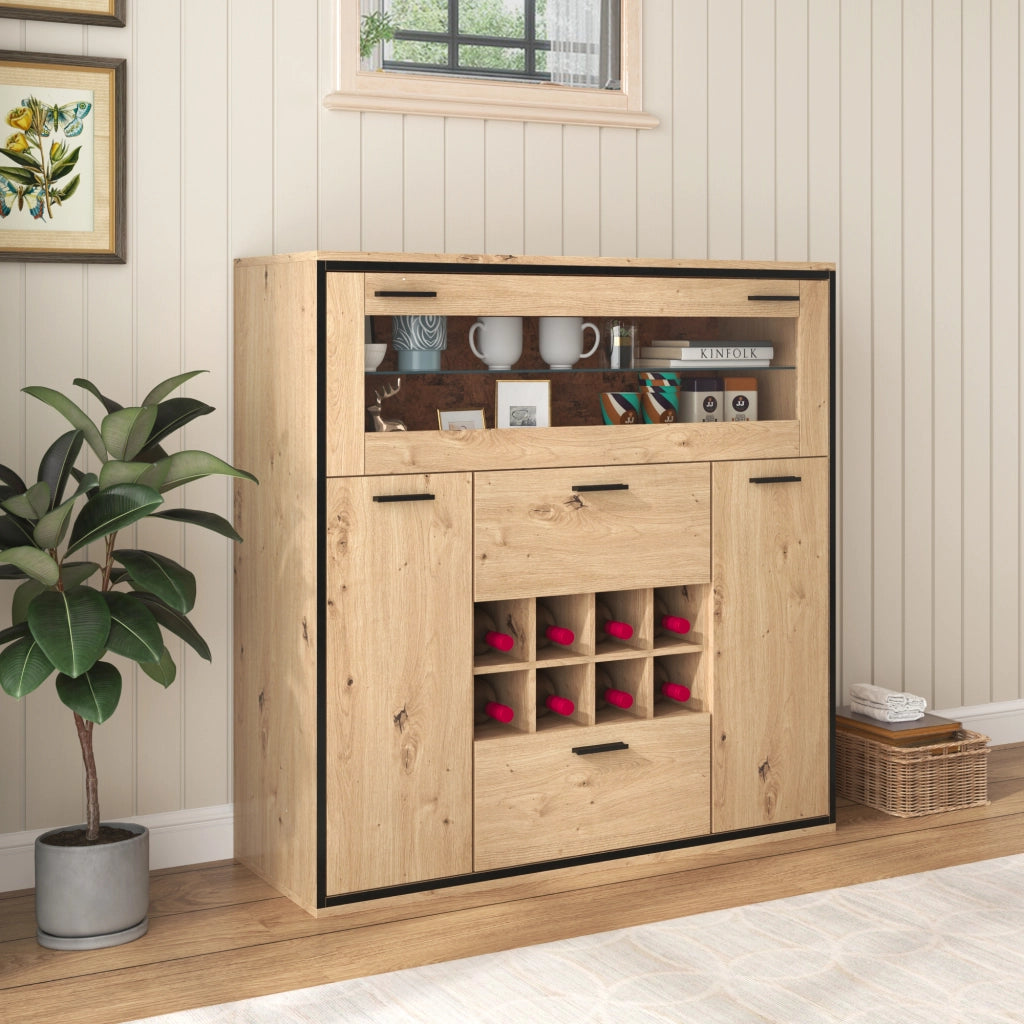 Credenza con 2 Ante; Portabottiglie e Divisorio in Vetro; LED 16 Colori; in Pannelli di Particelle; Naturale; 110¡Á38¡Á111 cm