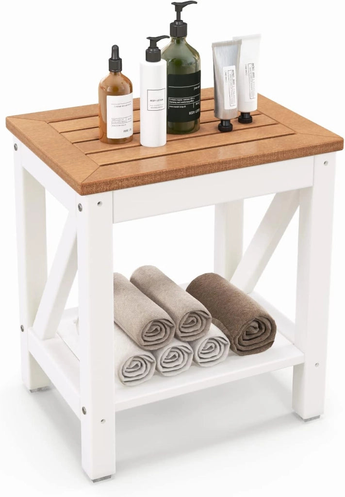 Sgabello da Doccia a 2 Livelli, Panca da Bagno Impermeabile con Piedini Antiscivoli, Design a Stecche, Sgabello Versatile con Carico 150 kg, 43 x 32 x 47 cm (Stile 2)