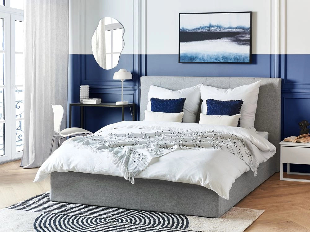Letto matrimoniale con contenitore portaoggetti e testiera imbottita 160x200 cm in tessuto grigio