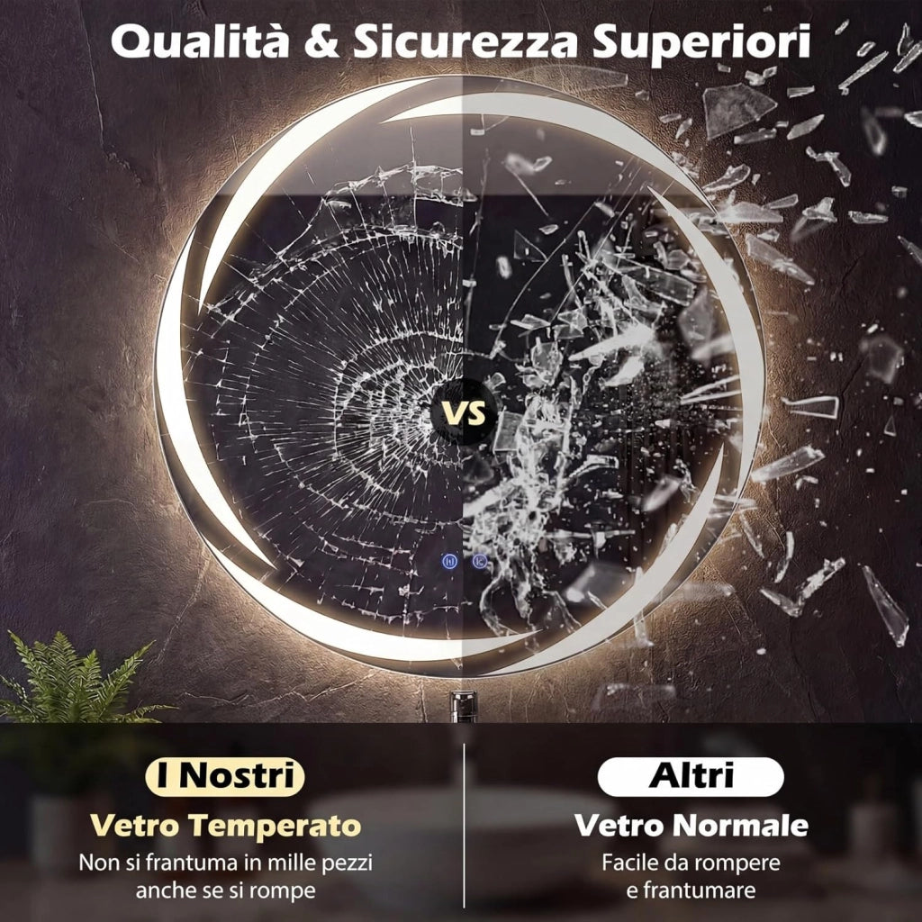 Specchio da Bagno con LED Rotondo 70 cm, Specchio da Parete Retroilluminato Dimmerabile con Vetro Temperato Antideflagrante, Luci a 3 Colori e Antiappannamento, IP44 (70 x 70 cm)
