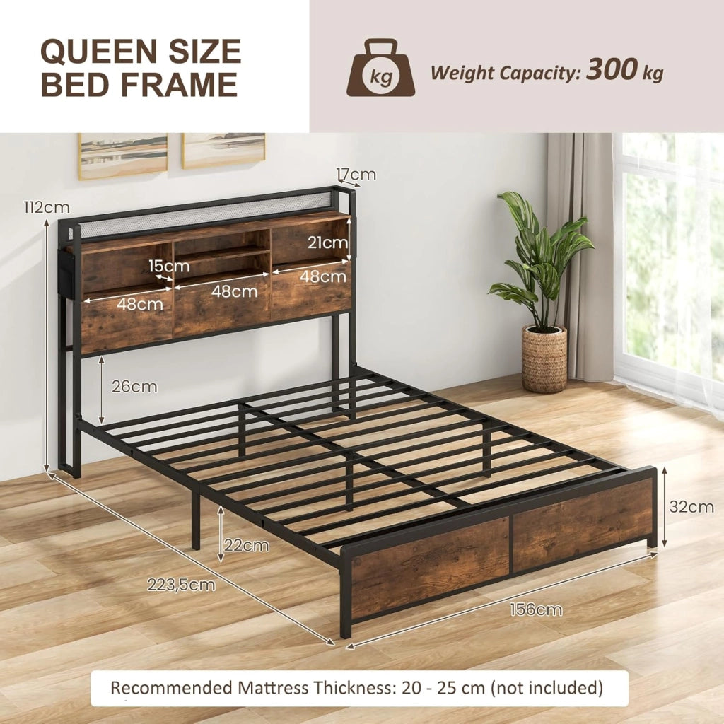 Telaio per letto in metallo industriale, con testata di stoccaggio e stazione di ricarica, con piattaforme matrimoniali/queen con doghe in metallo, design senza rumore (223,5 x 156 cm)