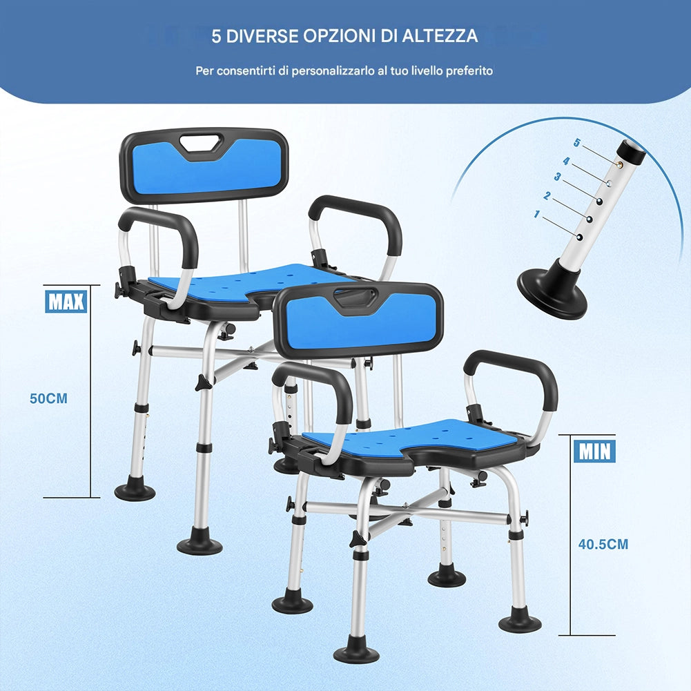 Sedia Sgabello da Bagno Doccia in Alluminio Altezza Regolabile Maniglie Sicurezza