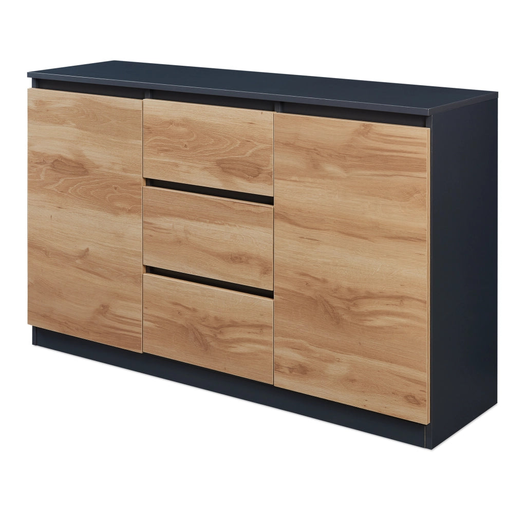 Credenza Mobile Contenitore Kyr Comò con 2 Ante e 3 Cassetti 120 x 35 x 75 cm - Nero/Effetto Rovere Rustico [en.casa]