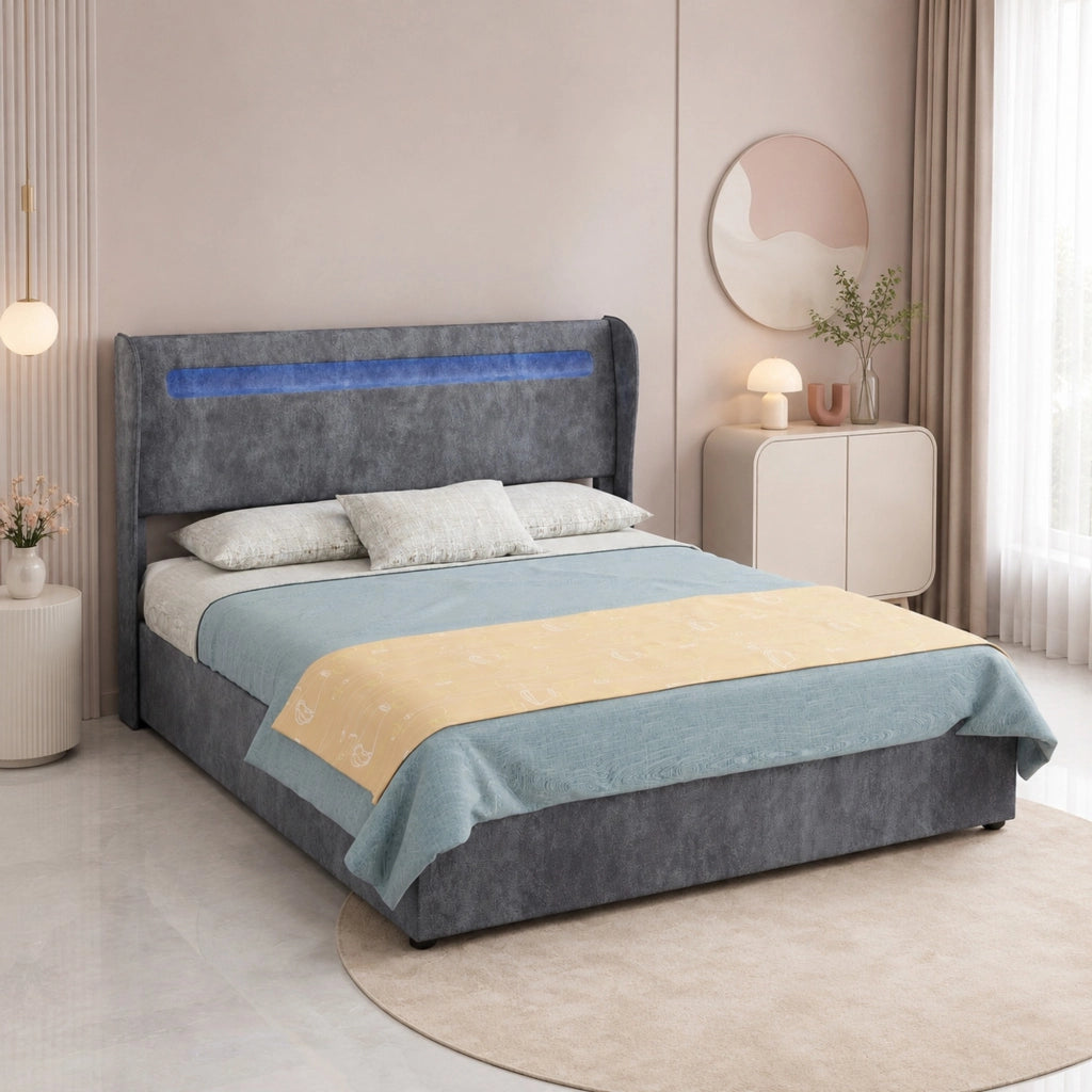 Letto matrimoniale 140x200 cm con testiera regolabile e illuminazione LED; grigio
