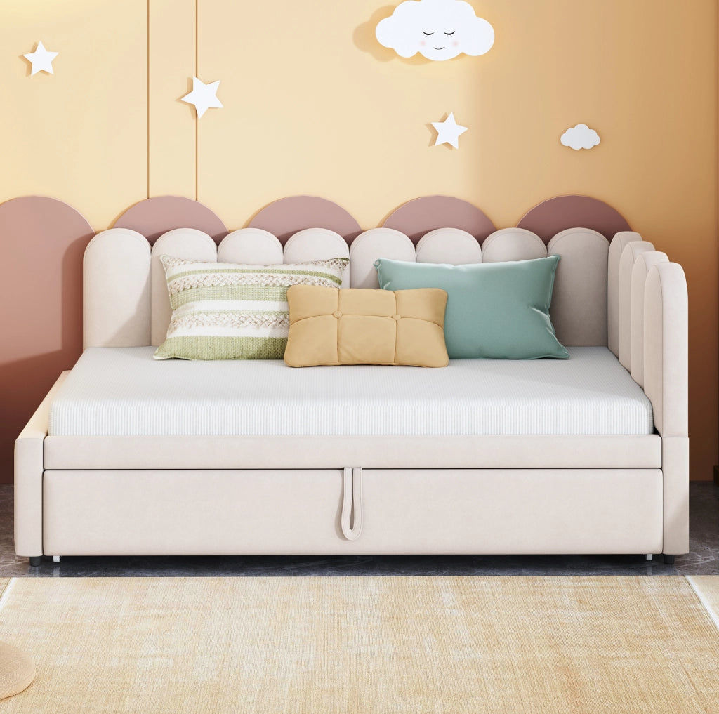 Divano letto L con letto estraibile 90x200 cm; velluto beige