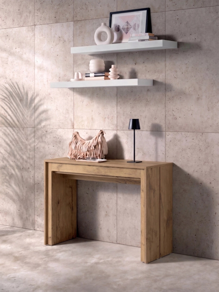 Consolle allungabile Segmenta in melaminico effetto rovere naturale, design salvaspazio da 42,5 a 297,5 cm - Stones