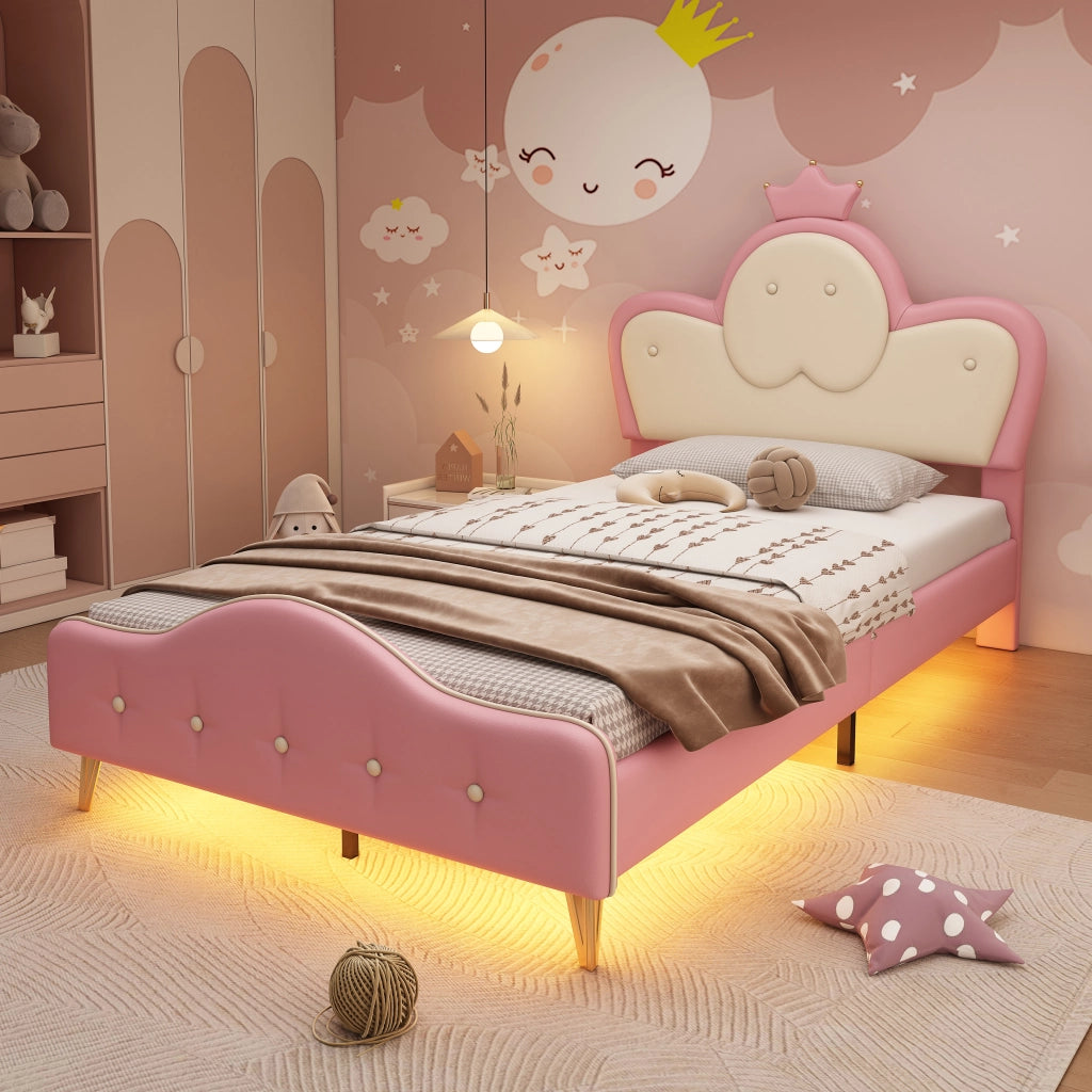 Letto per Bambini 90 x 200 cm; Letto Singolo - LED e Bordi Morbidi - PU Rosa e Bianco
