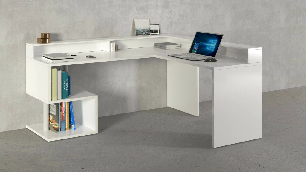 Scrivania Auletta, Scrittoio angolare con ripiani portaoggetti, Scrivania ufficio multiuso con sopralzo, 180x60h93 cm, Bianco