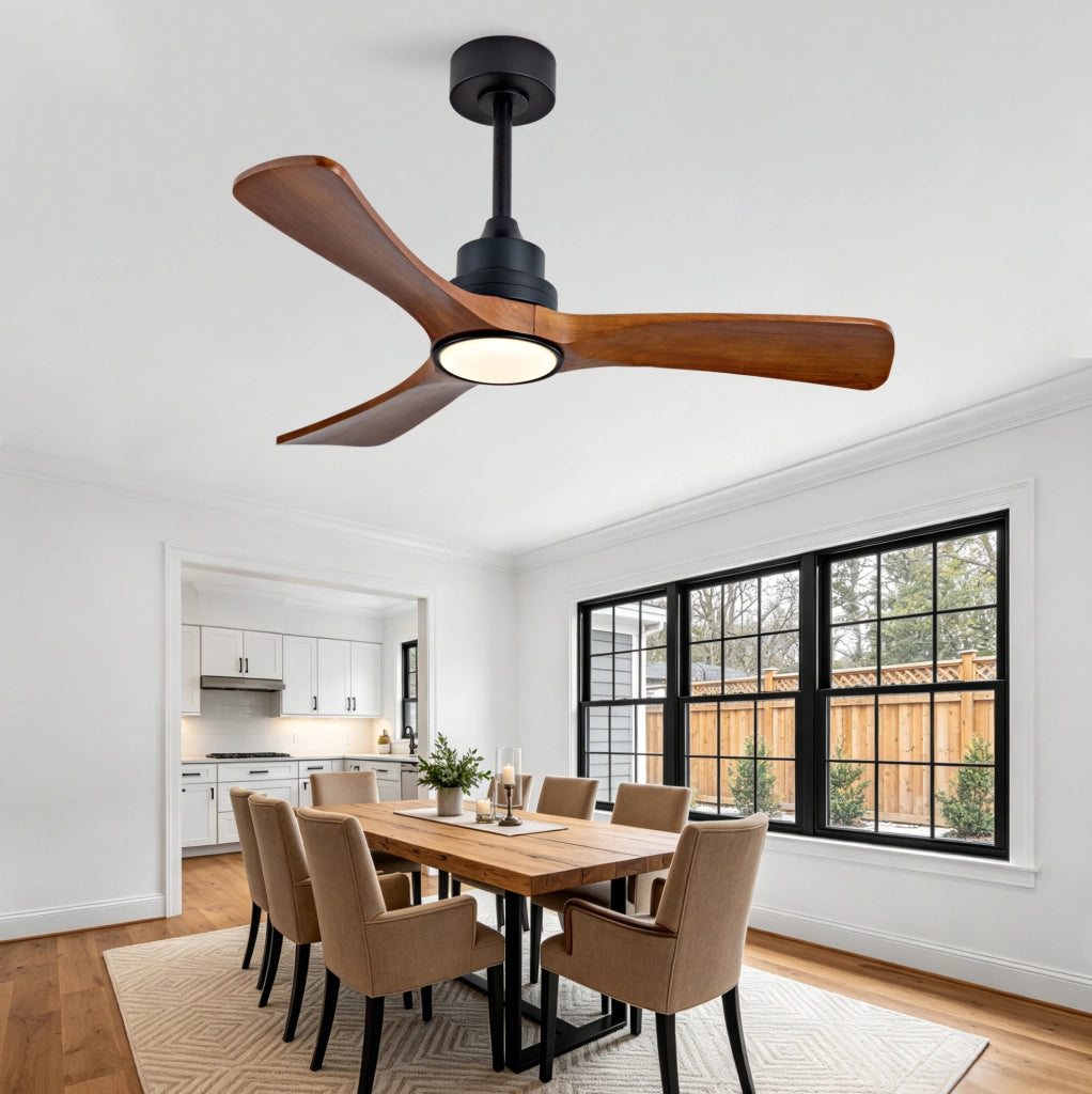 Ventilatore da soffitto con luce LED 42 pollici; 3 pale in legno massello; nero e noce scuro