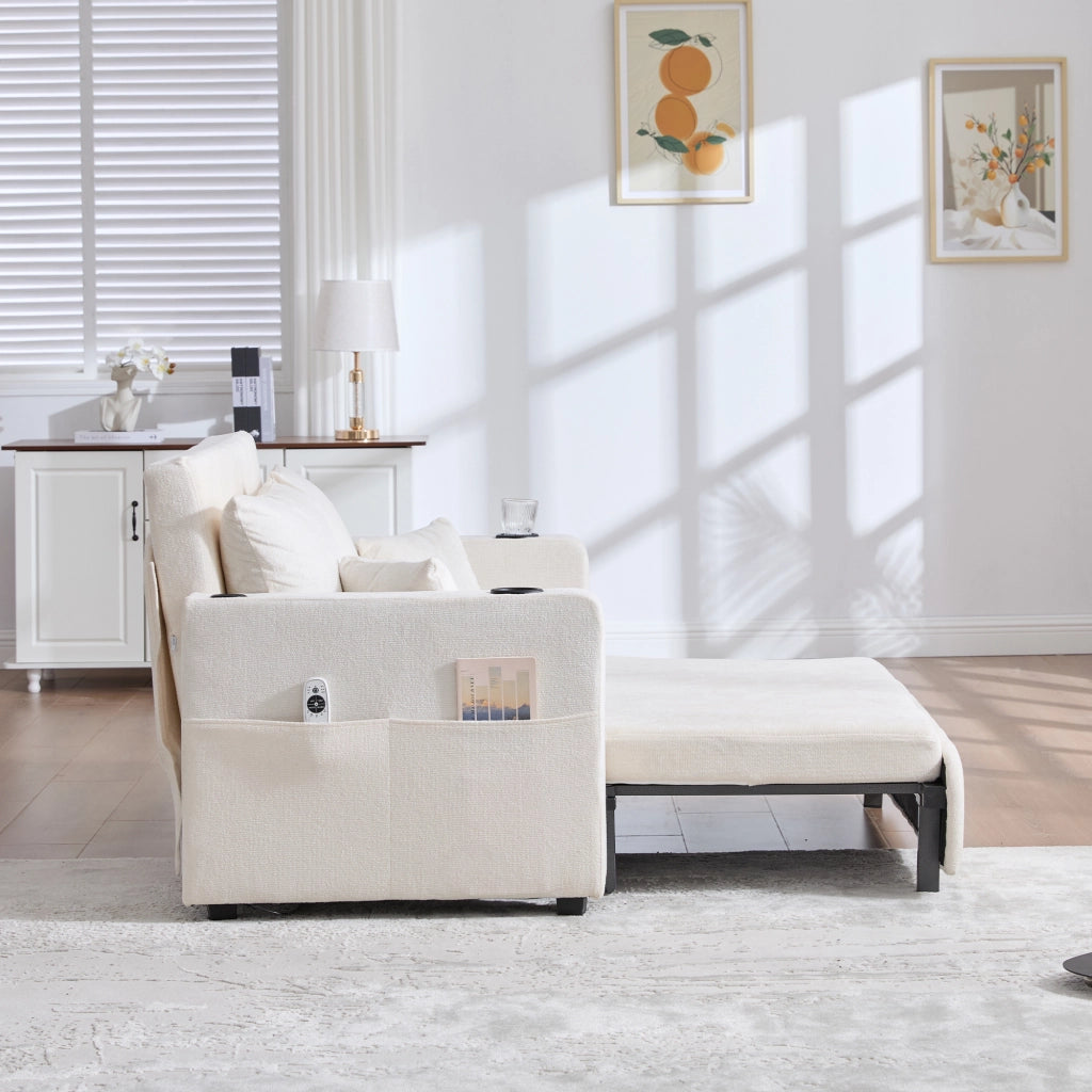 Divano letto in ciniglia beige con tasche laterali e 4 cuscini 139 × 83 × 58 cm