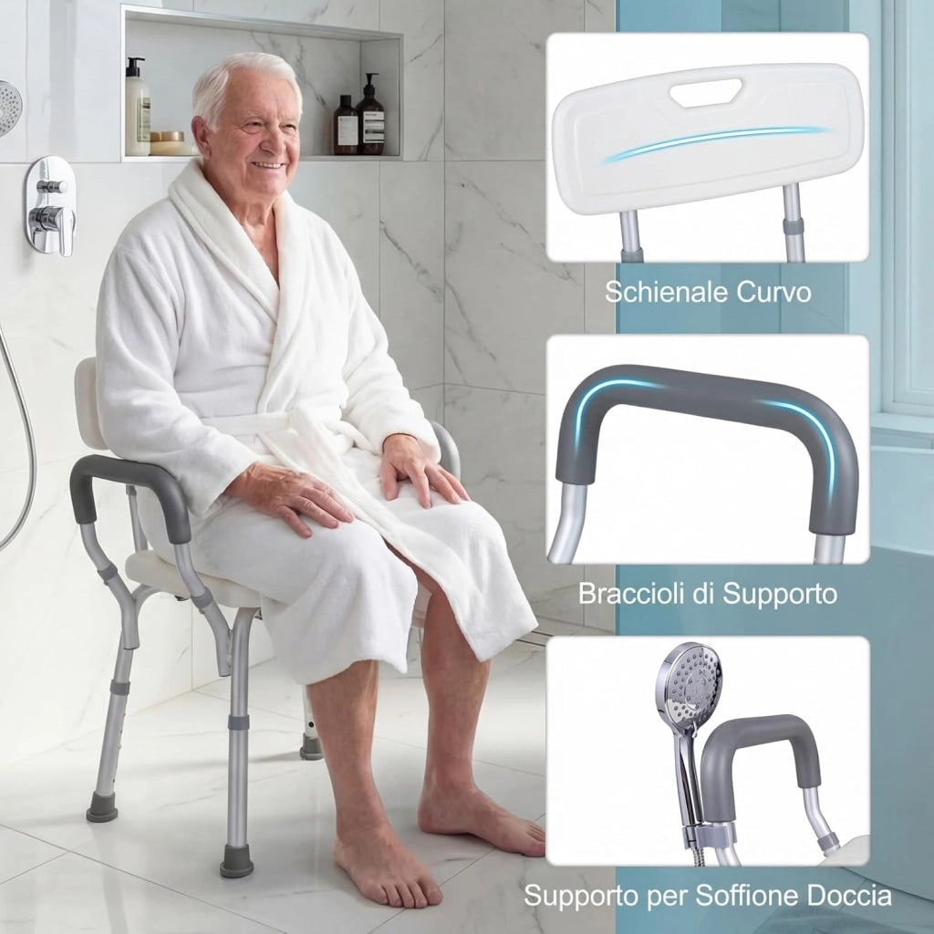 Sedia da Doccia Anziani, Sgabello da Doccia Antiscivolo con Braccioli e Schienale, Sedile a Forma di U e Altezza Regolabile, in Alluminio Resistente, per Disabili e Donne Incinte